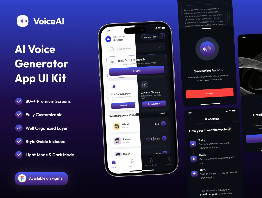 کیت UI اپ موبایل ژنراتور صدای AI VoiceQu