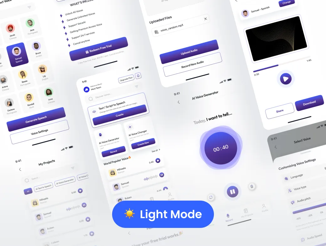 کیت UI اپ موبایل ژنراتور صدای AI VoiceQu