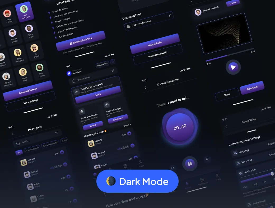 کیت UI اپ موبایل ژنراتور صدای AI VoiceQu