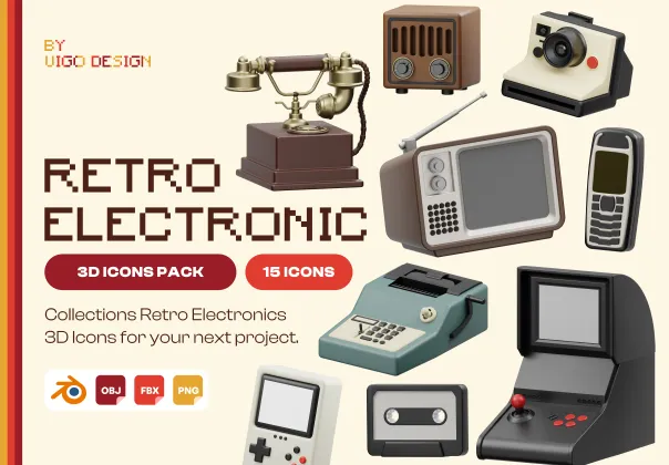 آیکون های سه بعدی الکترونیک رترو | Retro Electronics 3D Icon