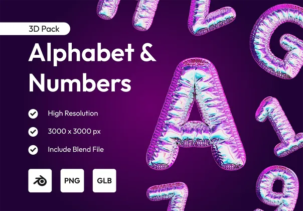 پک 3 بعدی حروف الفبا و اعداد | کامل الفبا و اعداد | بلندر