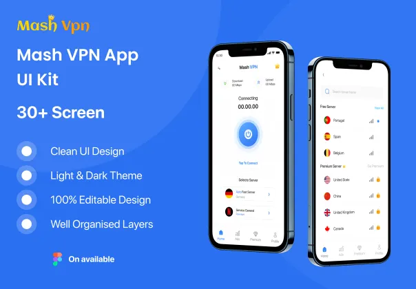 کیت UI اپلیکیشن موبایل MashVPN - رابط کاربری حرفه‌ای با ویژگی‌های کامل اپلیکیشن VPN | MashVPN