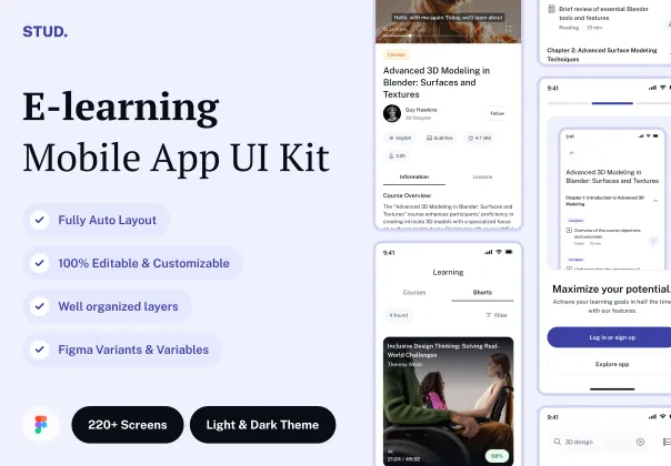 کیت UI رایگان اپلیکیشن‌های موبایل آموزش آنلاین STUD