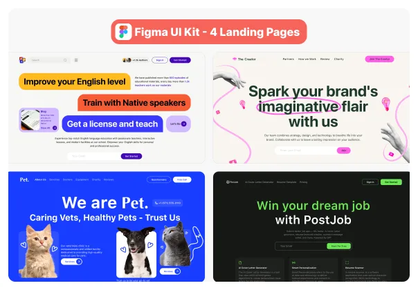 مجموعه صفحات نمایش ورود | آژانس خلاق، جستجوی شغل، آژانس آموزش زبان انگلیسی، کلینیک دامپزشکی | figma