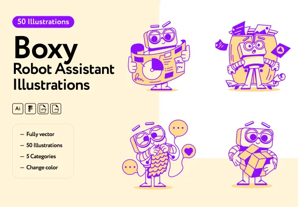 تصاویر وکتوری دستیار ربات با طراحی باکس | Boxy Robos