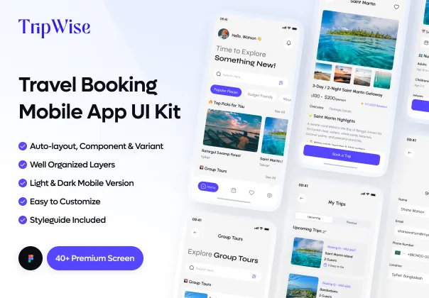 کیت UI اپلیکیشن رزرو سفر | TripWise