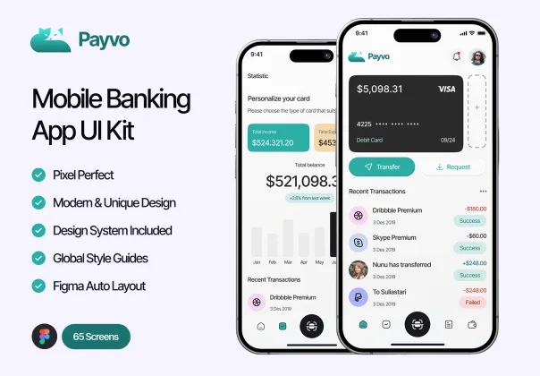 کیت UI اپلیکیشن بانکداری موبایل Payvo