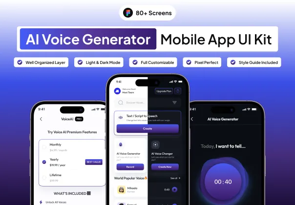 کیت UI اپ موبایل ژنراتور صدای AI VoiceQu