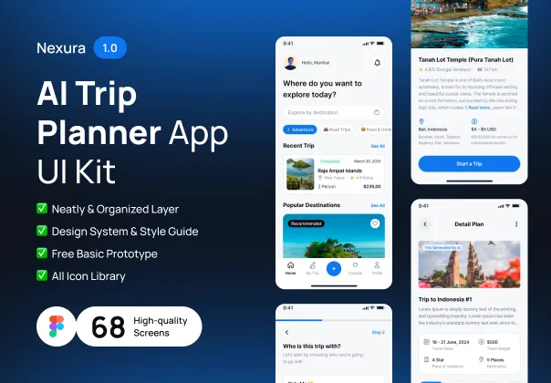 کیت UI اپلیکیشن برنامه‌ریزی سفر هوش مصنوعی Nexura