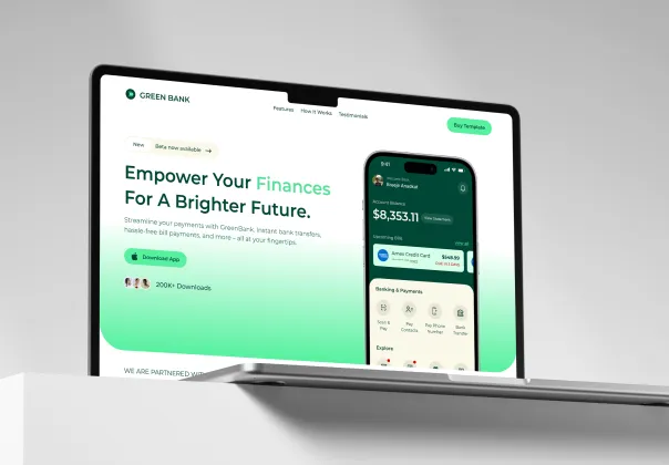 قالب Green Bank فریمِر | لندینگ پیج اپلیکیشن بانکی